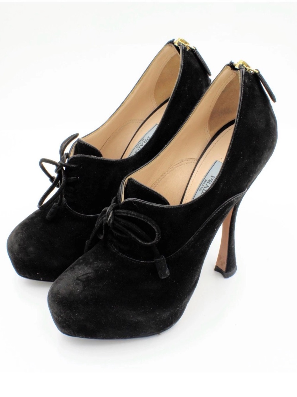 Prada black suede lace-up front  back zip pumps.